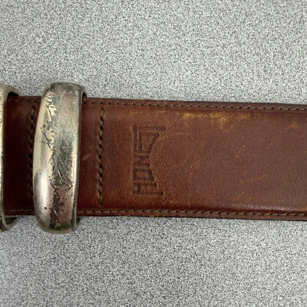 Honest Belt Mens 38? Brown Leather Silver Buckle Distressed Brighton Casual 1.5